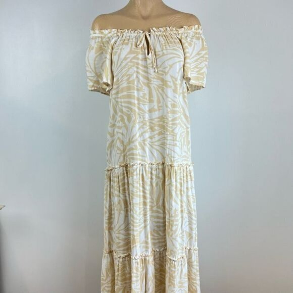 Patrons Of Peace Dress Size M Maxi Ruffle Tier Tie Neck Off Shoulder Tan White - Picture 1 of 13